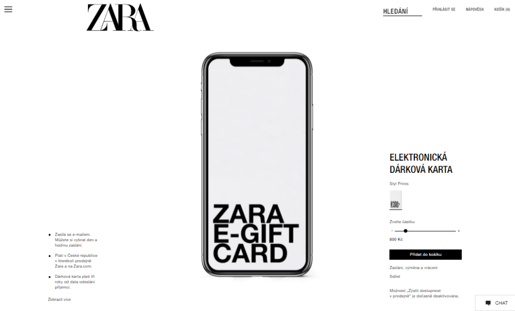 Jak koupit dárkovou kartu Zara?