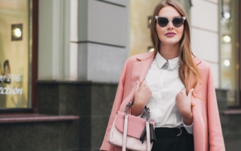 Young,Stylish,Beautiful,Woman,Walking,In,Street,,Wearing,Pink,Coat,