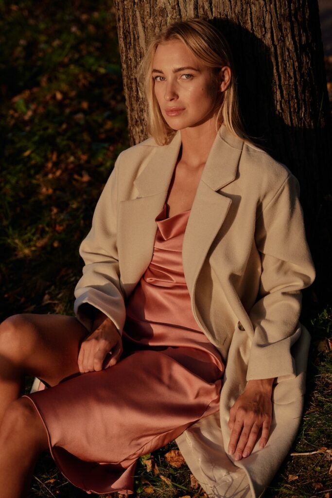 Beautiful Woman in Beige Blazer and Pink Silk Dress