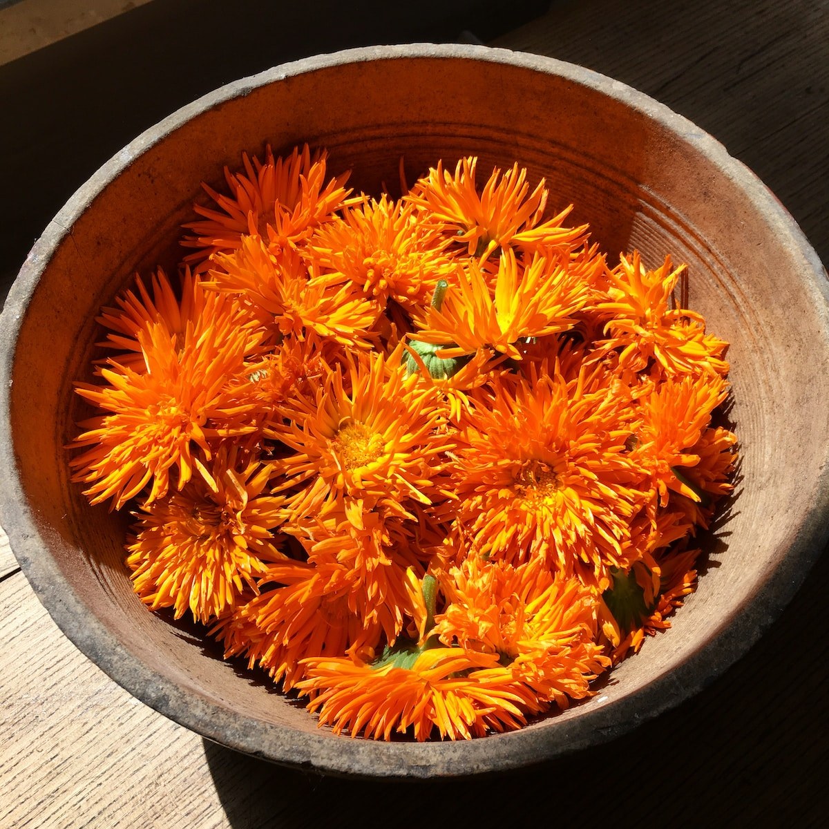 a bowl filled with orange flowers on top of a wooden table