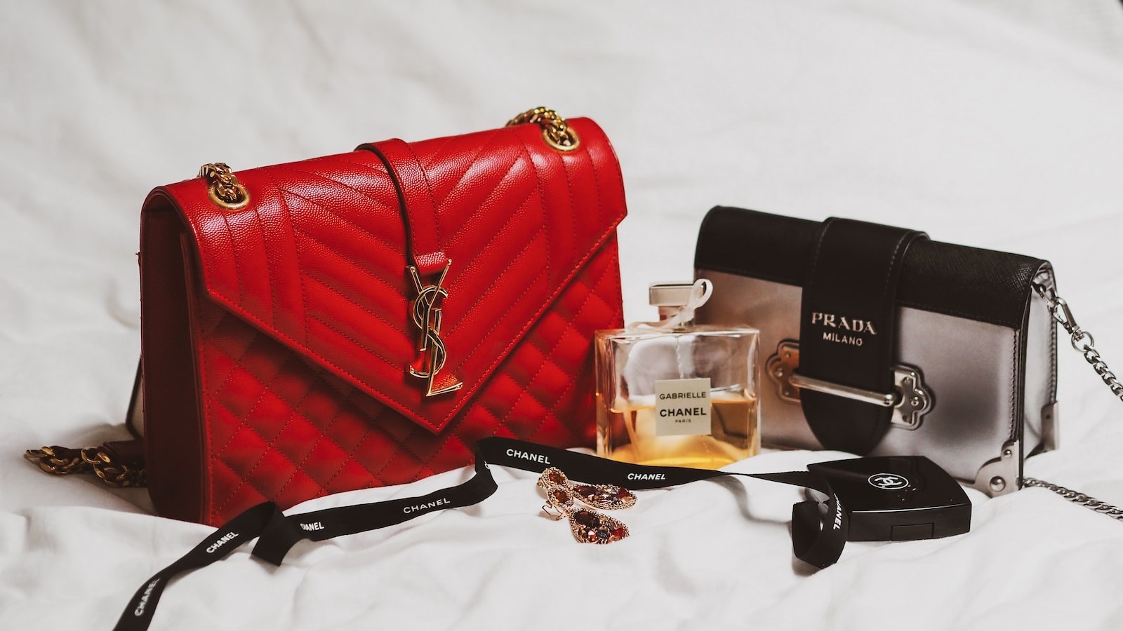 red and black leather handbag