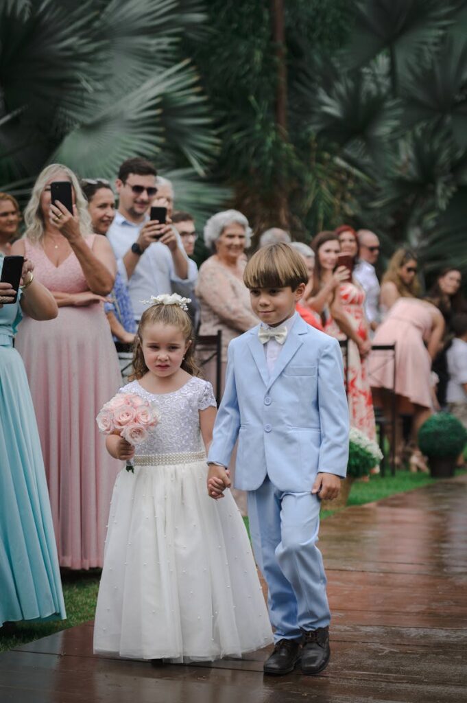 Girl and Boy Walking on Wedding in Elegant Clothing