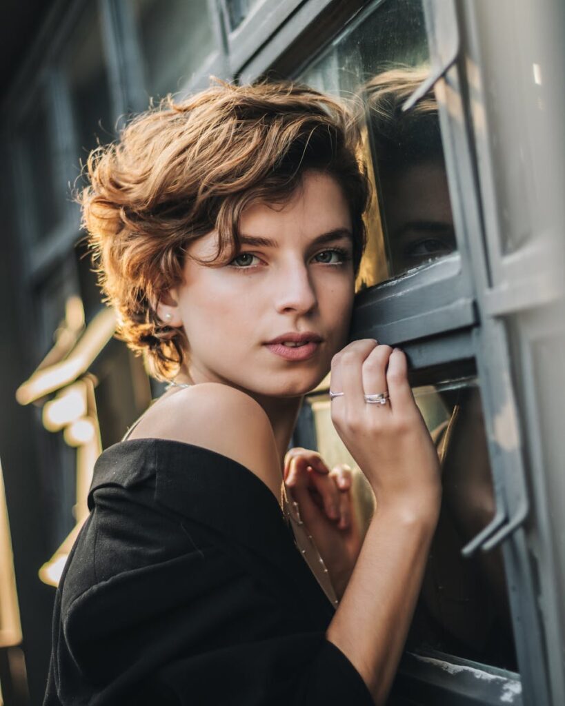 Portrait photo of a woman in black coat